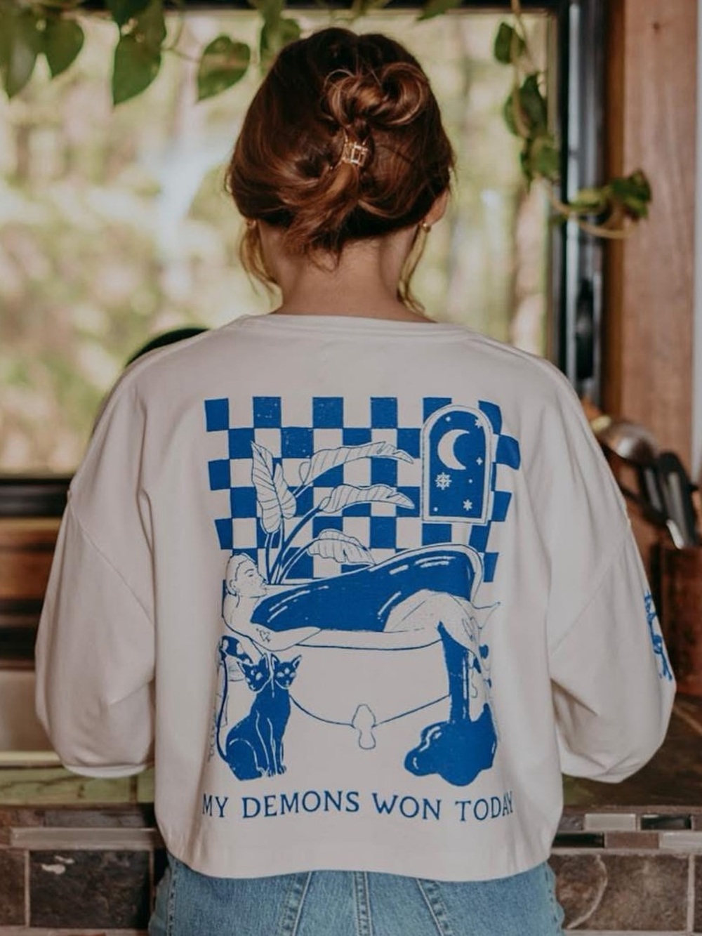 Graphic Crop Sweatshirt - My Demons Won Today
